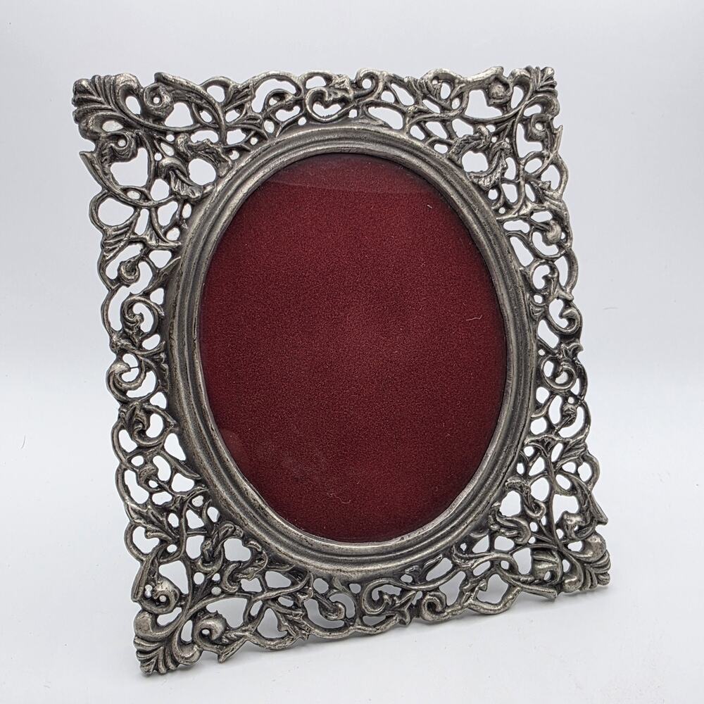 Vintage Ornate Silver Tone Pewter Oval Picture Frame – Filigree Design 5"×4.5"